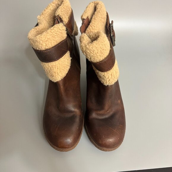 Timberland Glancy Teddy Fleece Boots Womens 9 Brown Leather Fold Down Block Heel - Picture 4 of 8